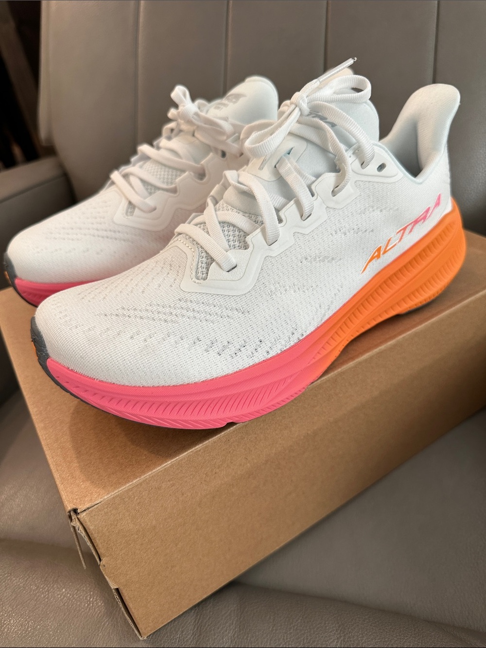 Altra White Running Shoes with Orange and Pink Gradient Sole - Picture 6 of 14